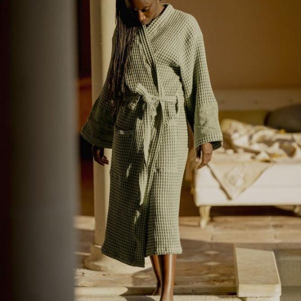 华夫格亚麻里衬浴袍