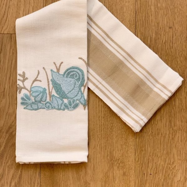 TURQUOISE SEASHELLS - EMBROIDERED KITCHEN TOWEL松石绿贝壳 – 刺绣厨房毛巾
